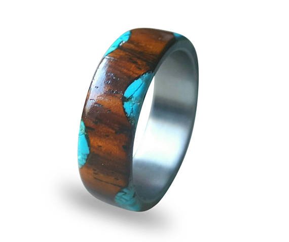 Titan Ring mit Cocobolo Holz und Türkis Inlays